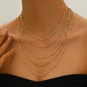 Gold Layered Multi Strand Beaded Chain Necklace Adjustable Choker Boho Statement